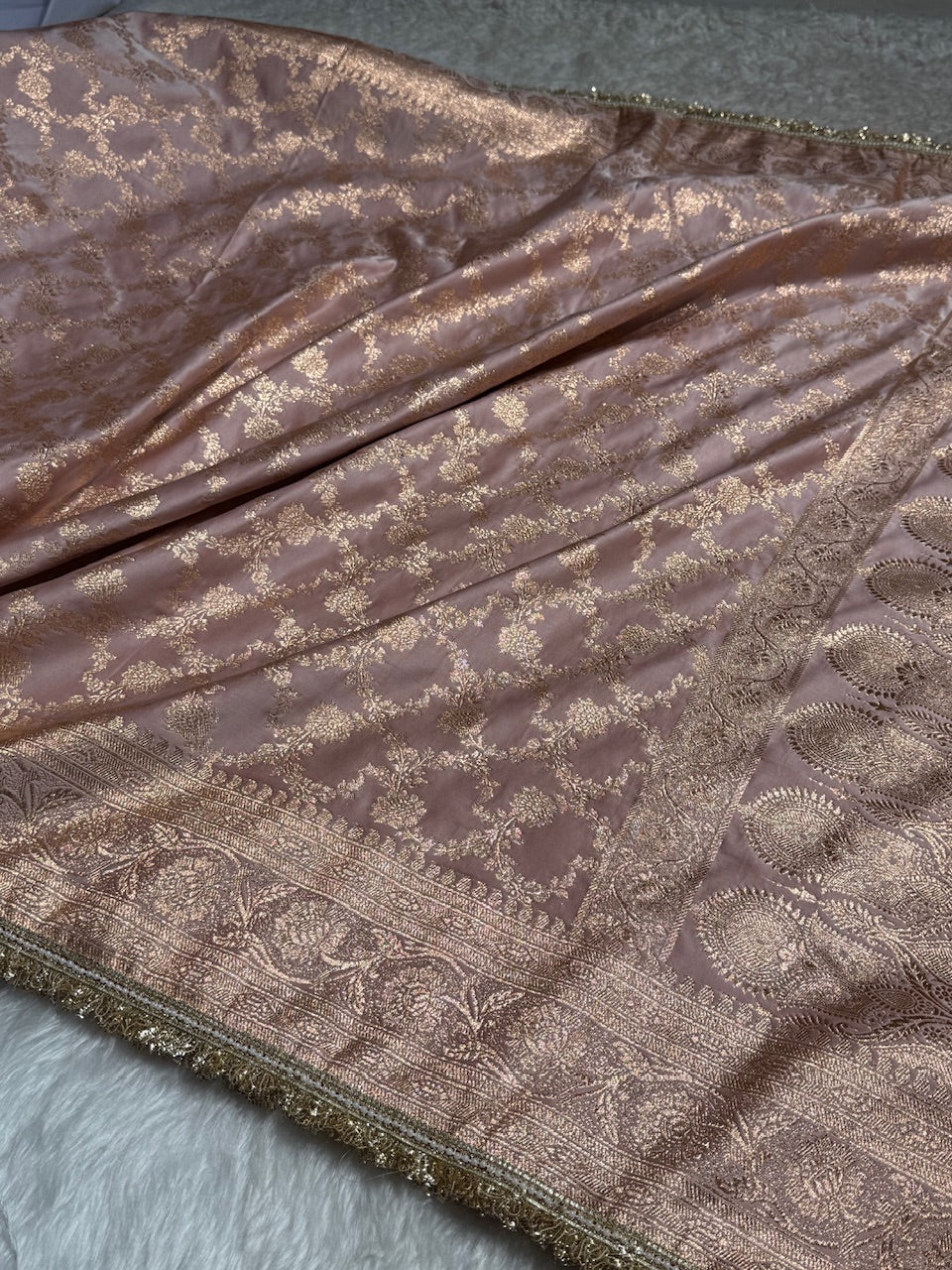 Banarasi Satin Katan Silk Saree In Rose Gold Shades with gotta Patti