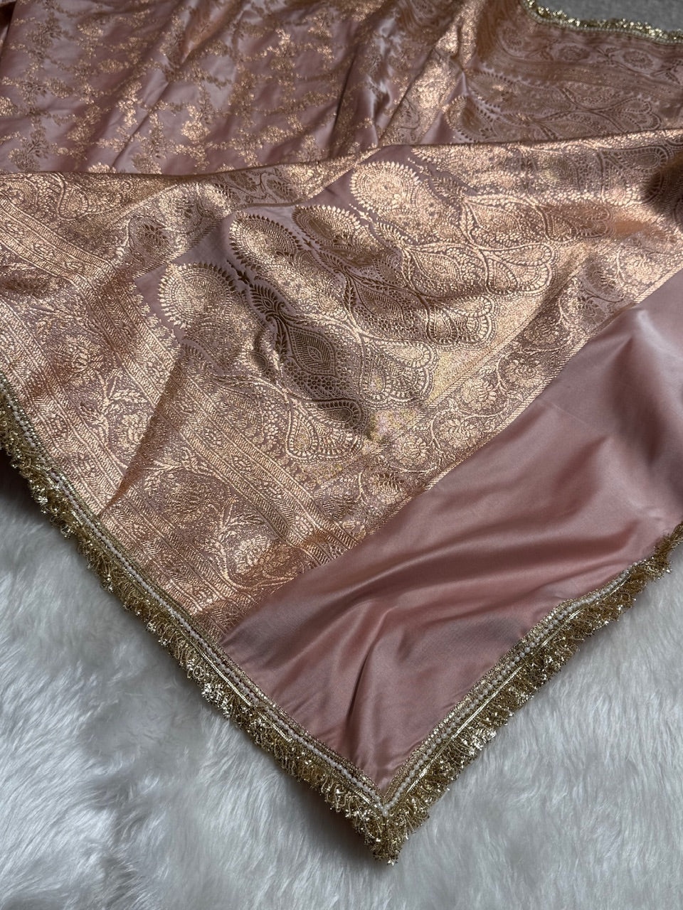 Banarasi Satin Katan Silk Saree In Rose Gold Shades with gotta Patti