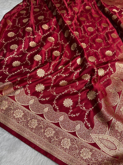 Maroon Floral Jaal Pattern Satin Katan Silk Saree SK47