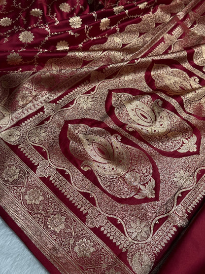 Maroon Floral Jaal Pattern Satin Katan Silk Saree SK47