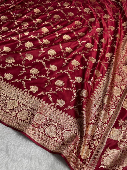 Maroon Floral Jaal Pattern Satin Katan Silk Saree SK46