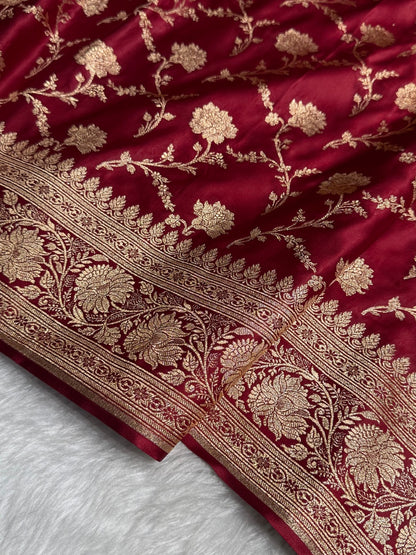 Maroon Floral Jaal Pattern Satin Katan Silk Saree SK46