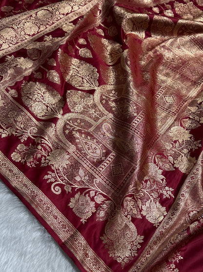 Maroon Floral Jaal Pattern Satin Katan Silk Saree SK46