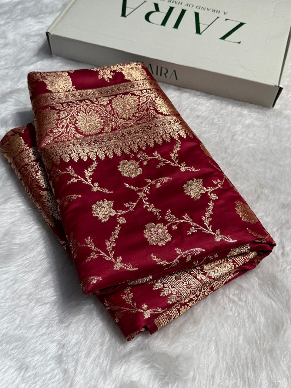 Maroon Floral Jaal Pattern Satin Katan Silk Saree SK46