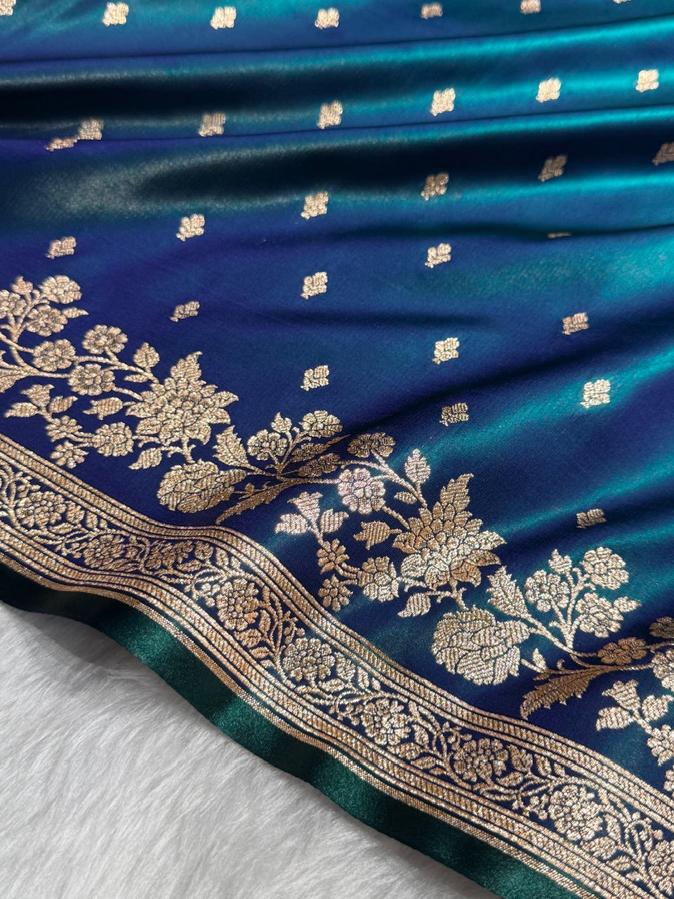 Satin Silk Floral Booti in Peacock Shades SS25