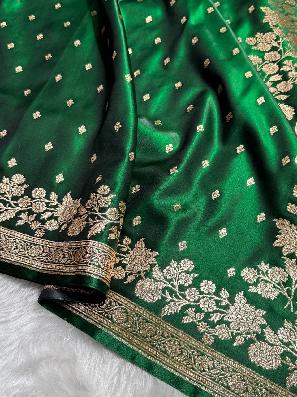 Satin Silk Floral Booti in Bottle Green SS25