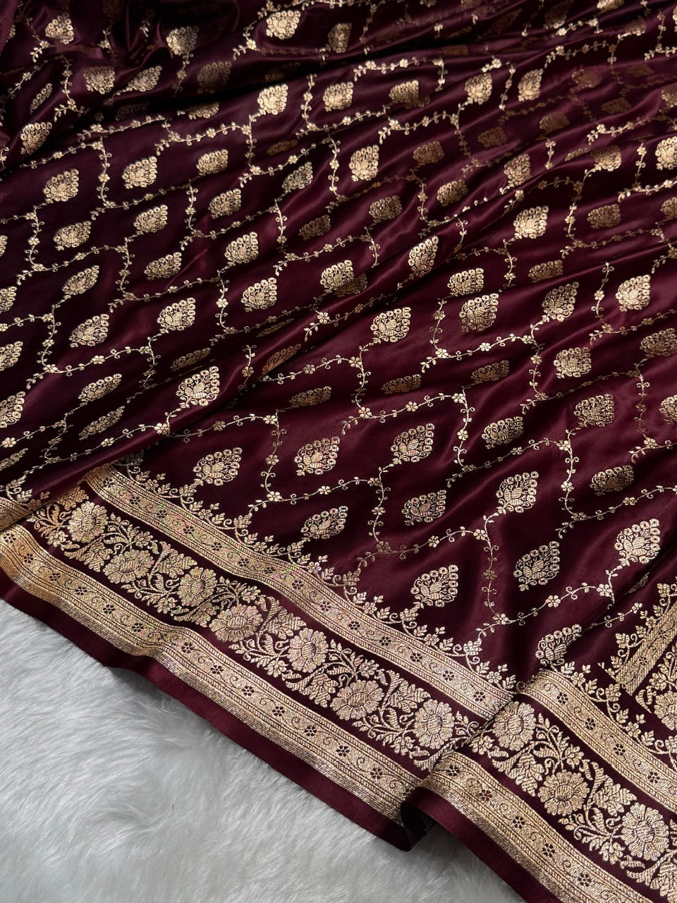Chocolate Floral Jaal Pattern Satin Katan Silk saree SK42