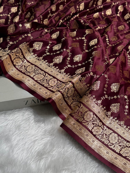 Chocolate Floral Jaal Pattern Satin Katan Silk saree SK42