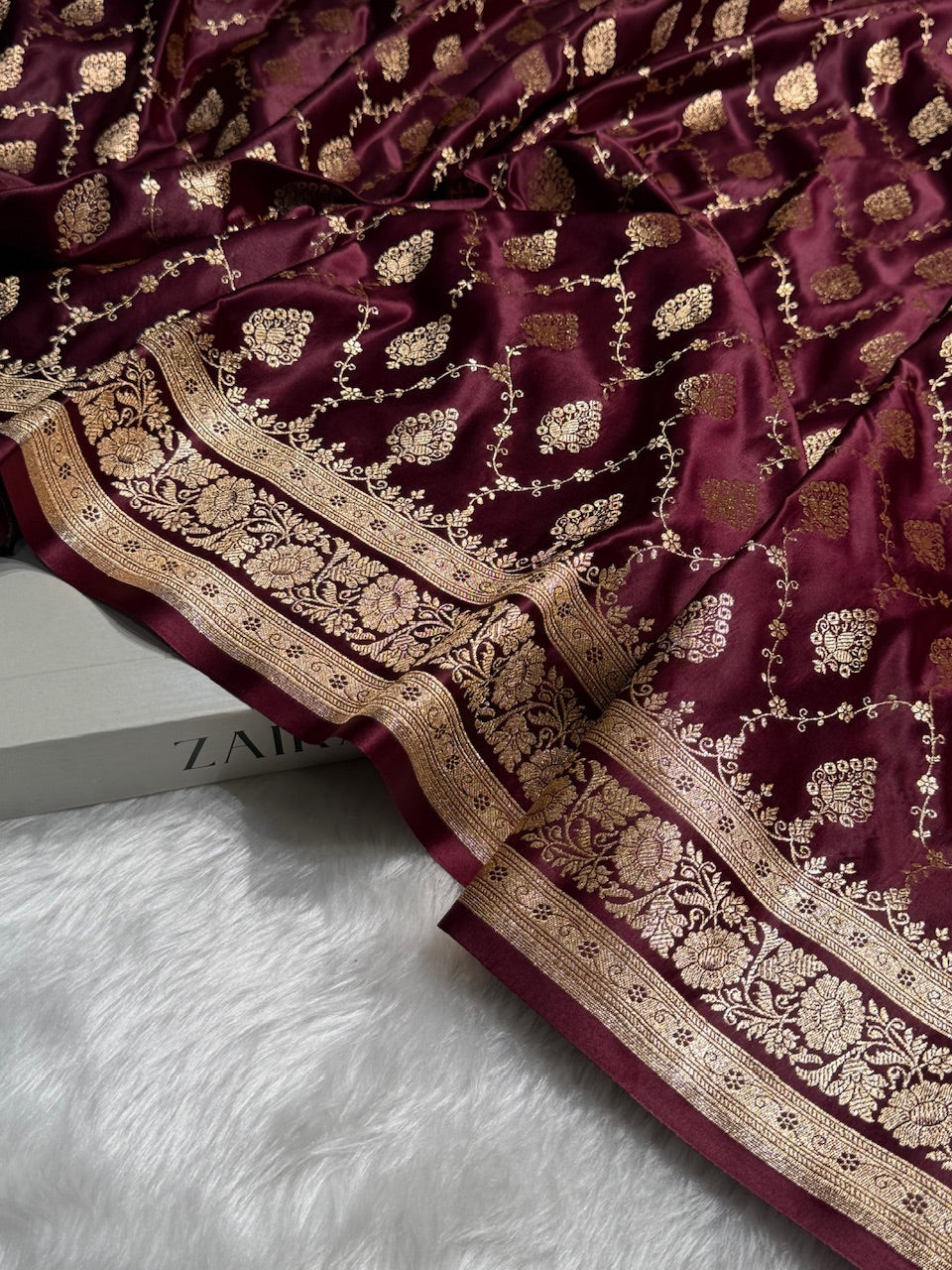 Chocolate Floral Jaal Pattern Satin Katan Silk saree SK42