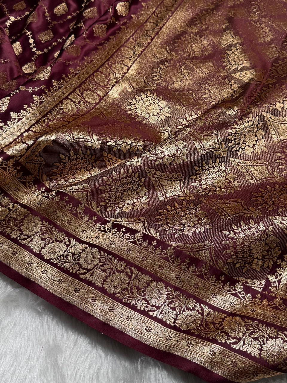 Chocolate Floral Jaal Pattern Satin Katan Silk saree SK42