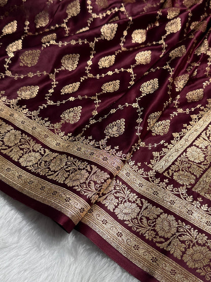 Chocolate Floral Jaal Pattern Satin Katan Silk saree SK42