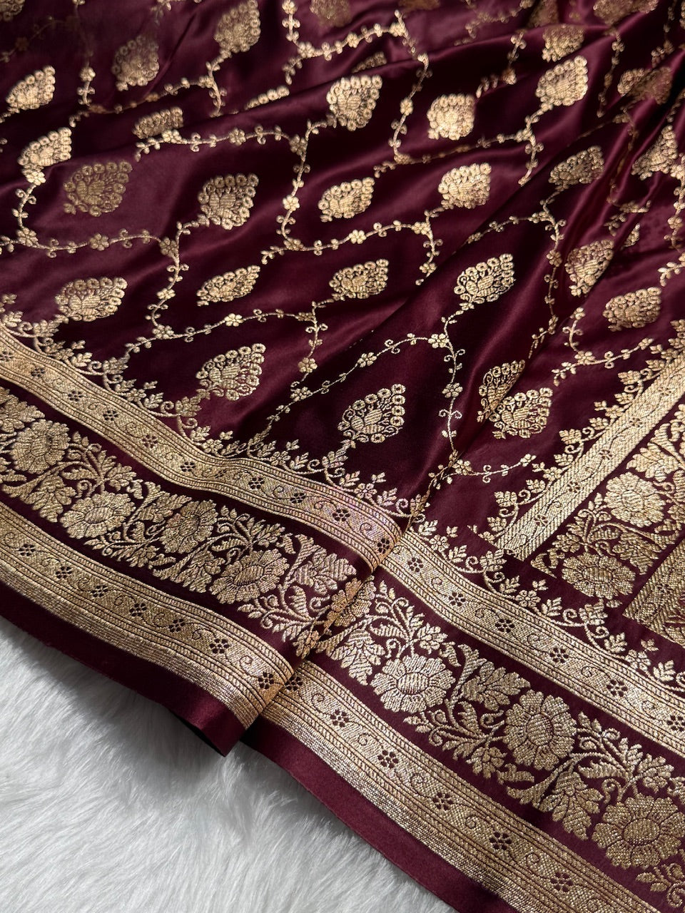 Chocolate Floral Jaal Pattern Satin Katan Silk saree SK42