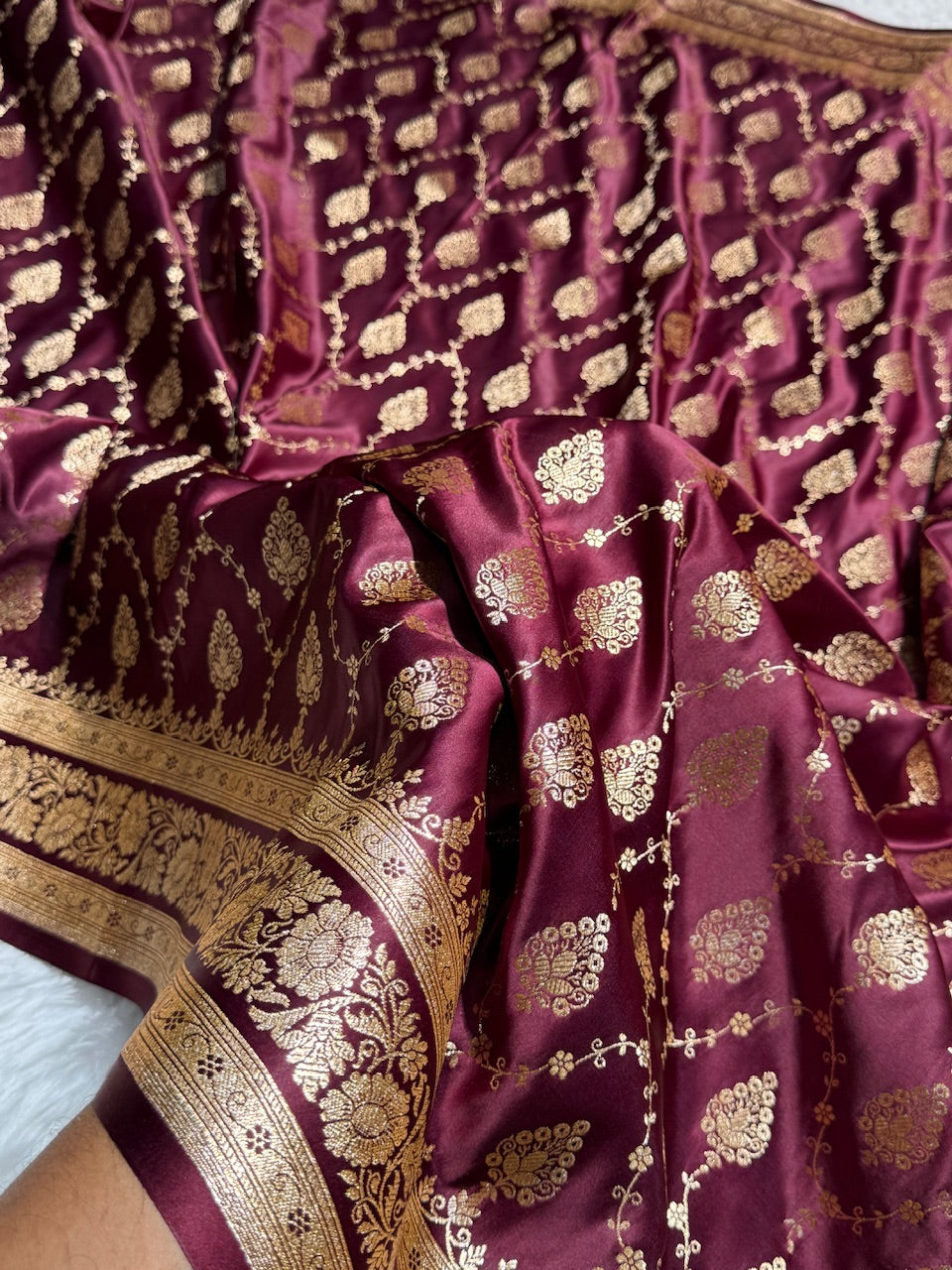 Chocolate Floral Jaal Pattern Satin Katan Silk saree SK42