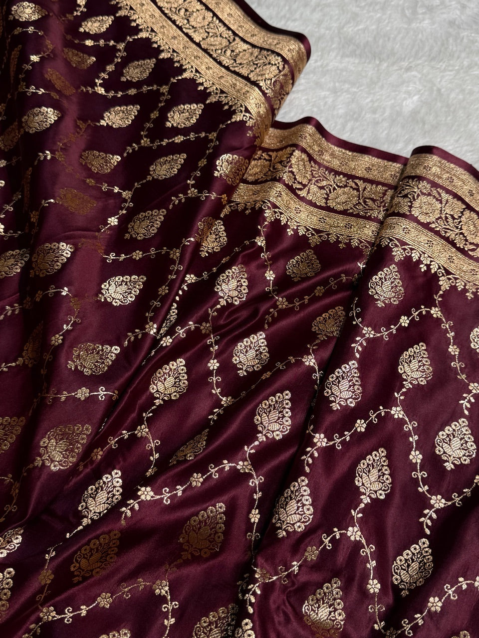 Chocolate Floral Jaal Pattern Satin Katan Silk saree SK42