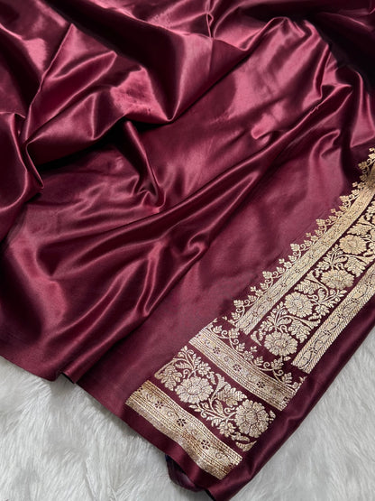 Chocolate Floral Jaal Pattern Satin Katan Silk saree SK42