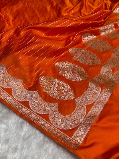 Orange Scallop boota Motif Mashru Silk Saree