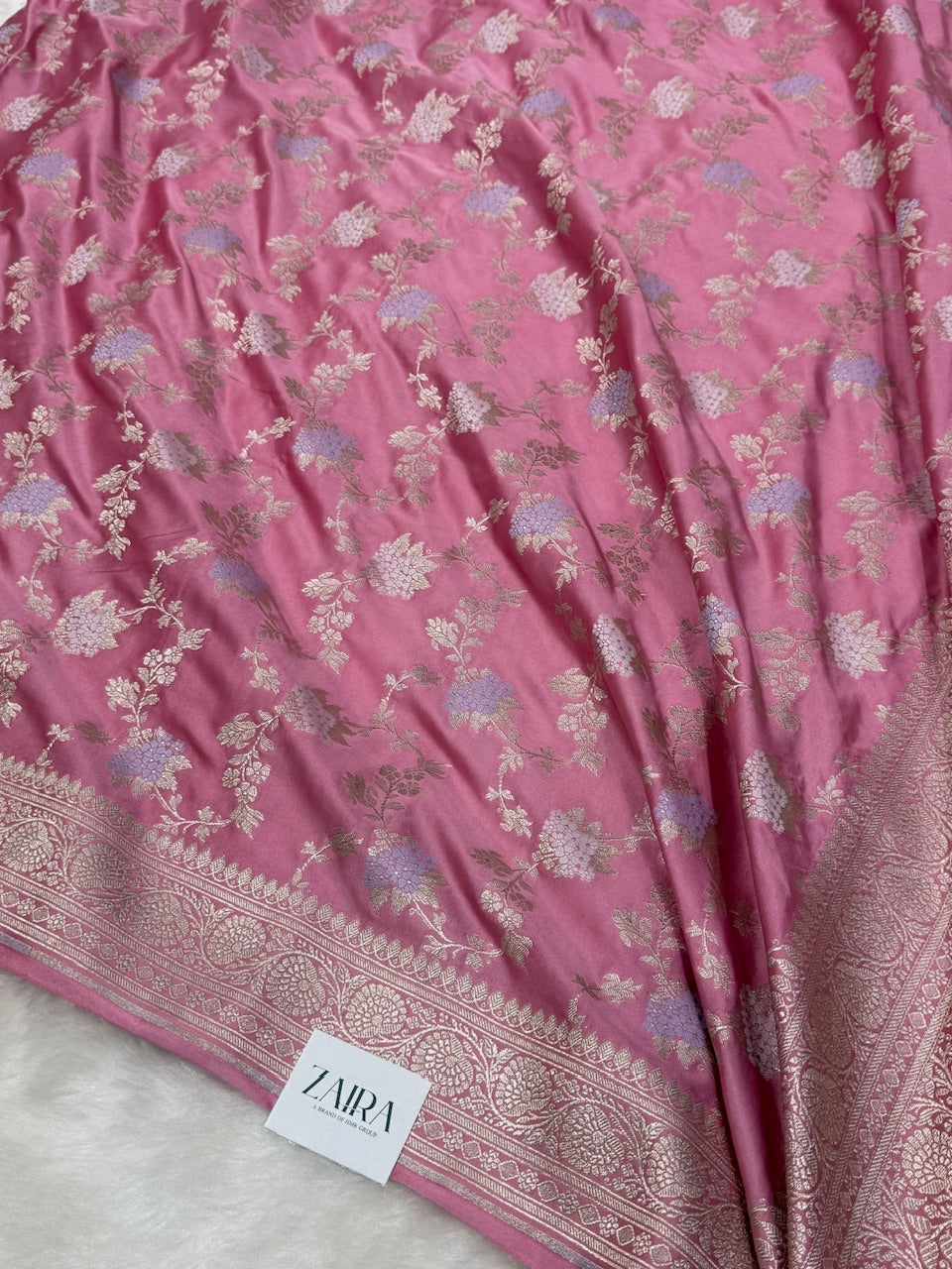 Baby Pink Shades Jaal Pattern Mashru Silk Saree