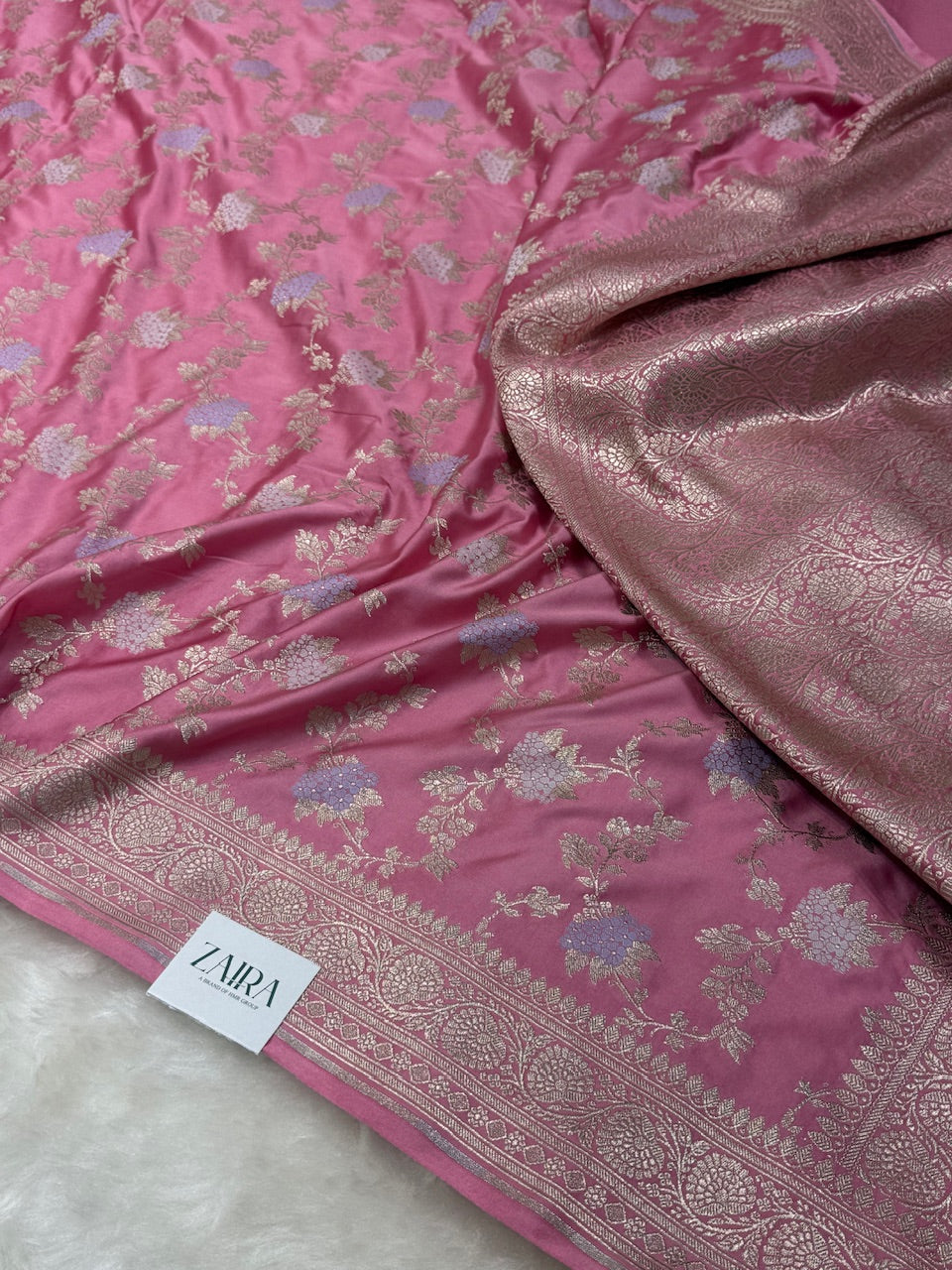 Baby Pink Shades Jaal Pattern Mashru Silk Saree