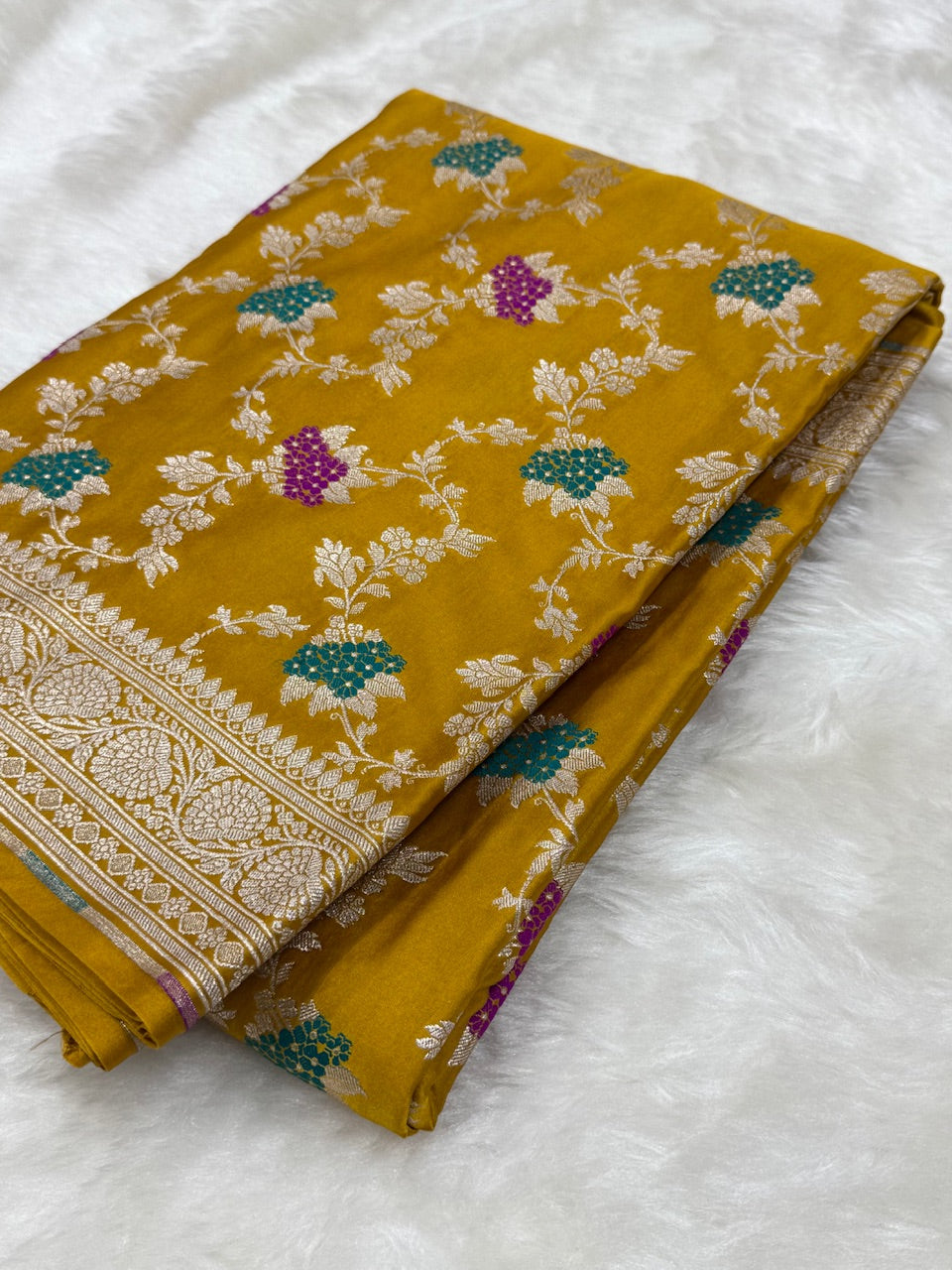 Mustard Shades Jaal Pattern Mashru Silk Saree