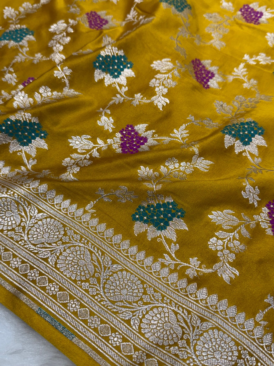 Mustard Shades Jaal Pattern Mashru Silk Saree