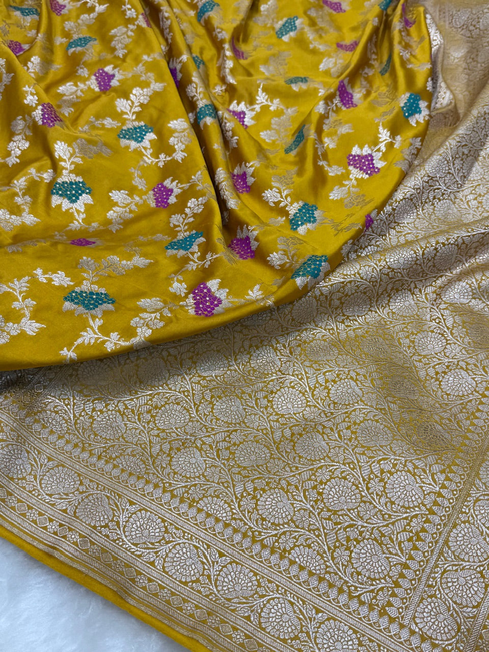 Mustard Shades Jaal Pattern Mashru Silk Saree