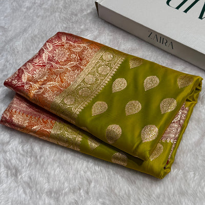 Olive Green-Red Contrast Banarasi Boota Katan Silk Saree SKM14