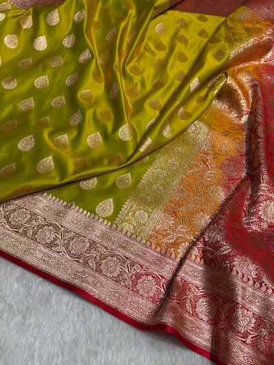 Olive Green-Red Contrast Banarasi Boota Katan Silk Saree SKM14