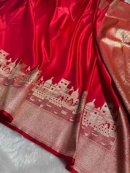 Red Banarasi Ghat Pattern Satin Katan Silk saree SK33