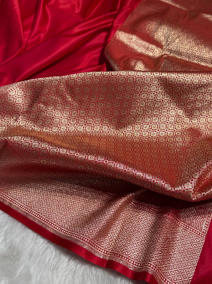 Red Banarasi Ghat Pattern Satin Katan Silk saree SK33