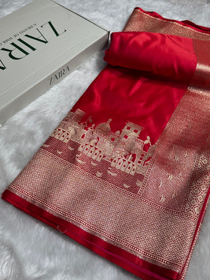 Red Banarasi Ghat Pattern Satin Katan Silk saree SK33
