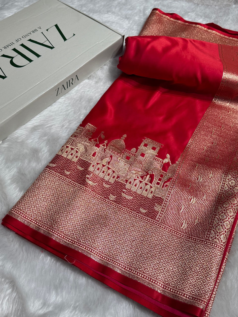 Red Banarasi Ghat Pattern Satin Katan Silk saree SK33