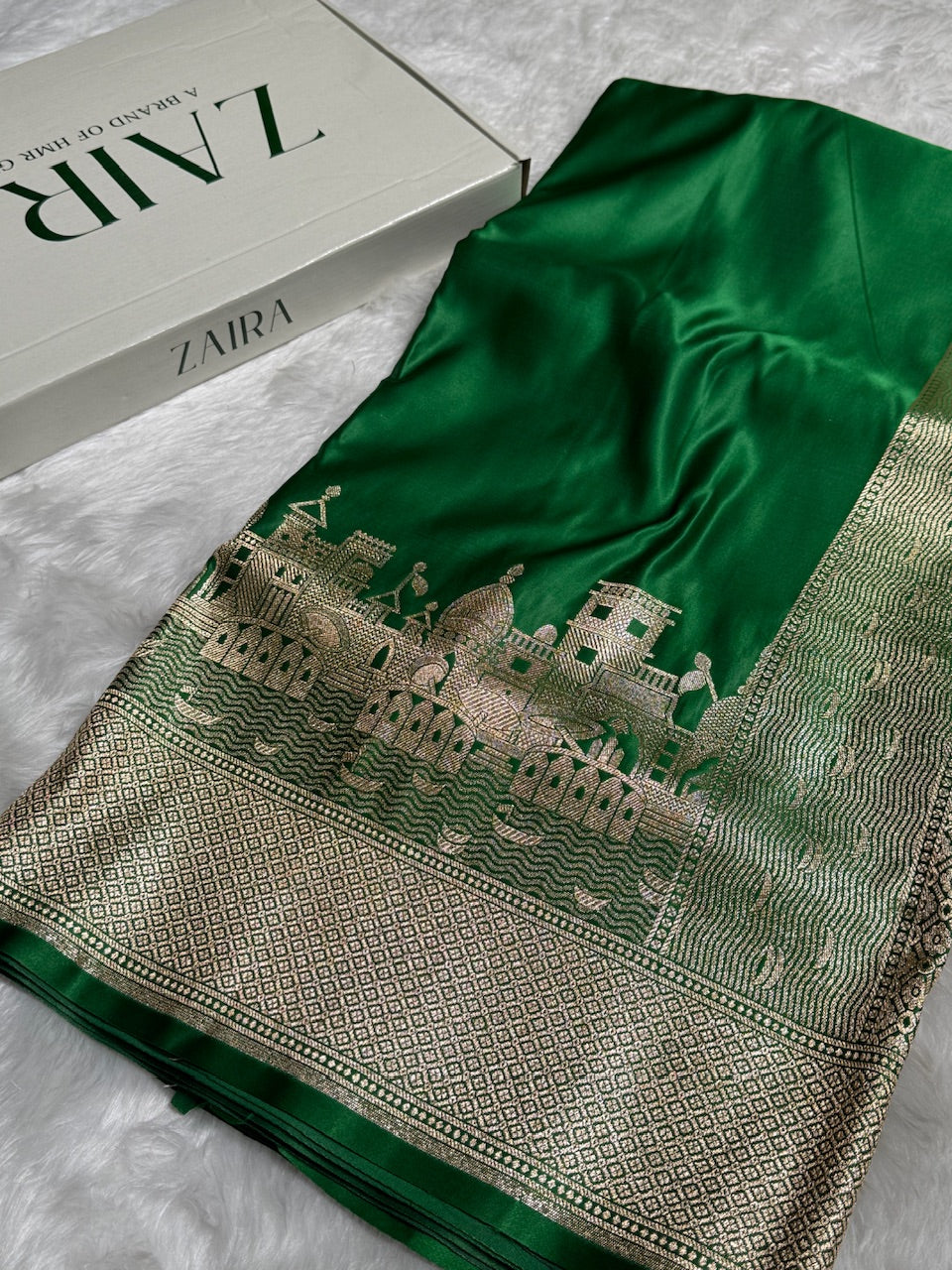 Light Bottle Green Banarasi Ghat Pattern Satin Katan Silk saree SK33