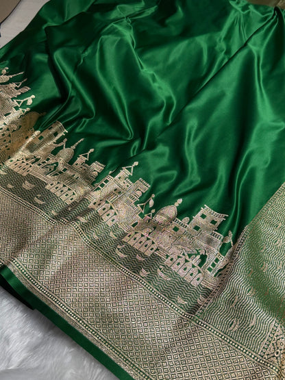 Light Bottle Green Banarasi Ghat Pattern Satin Katan Silk saree SK33