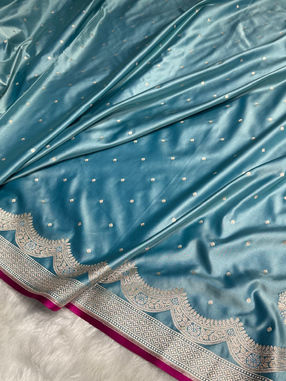 Sky Blue Shades Scallop Motif Booti Mashru Silk Saree