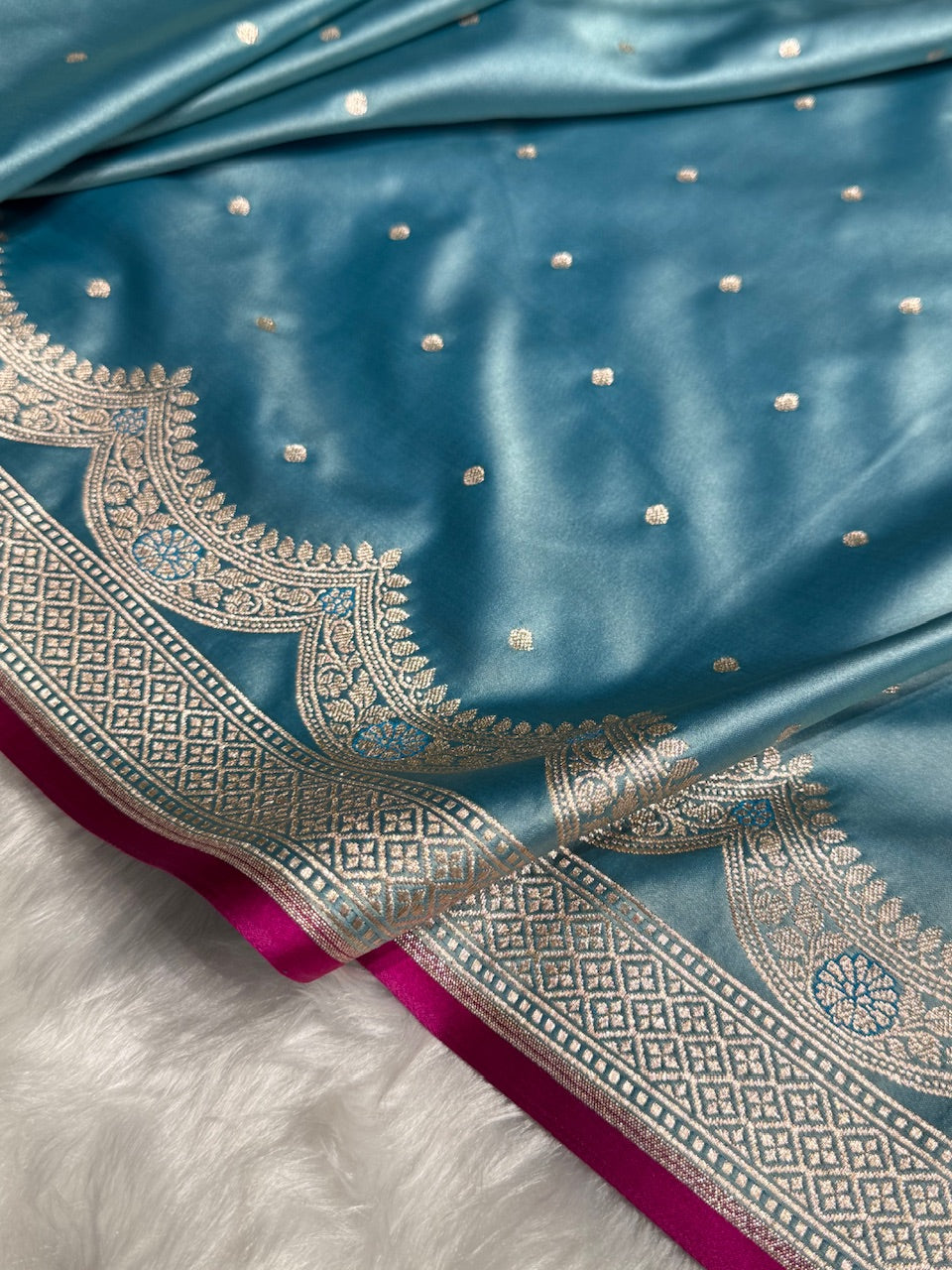 Sky Blue Shades Scallop Motif Booti Mashru Silk Saree