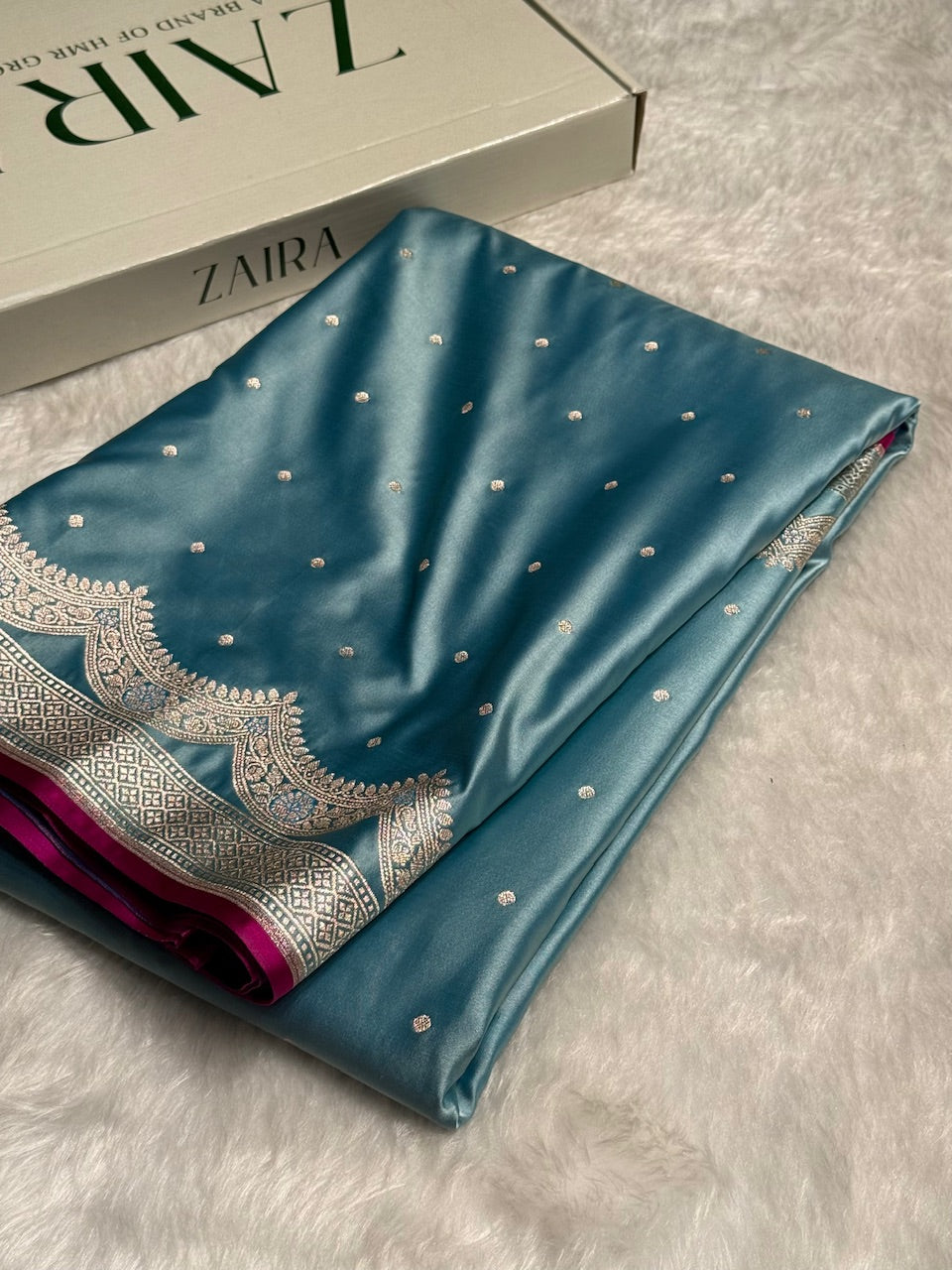 Sky Blue Shades Scallop Motif Booti Mashru Silk Saree