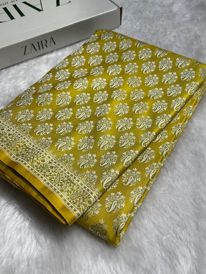 Neon Gold Jamawar Tanchoi Katan Silk Saree SKTM-13