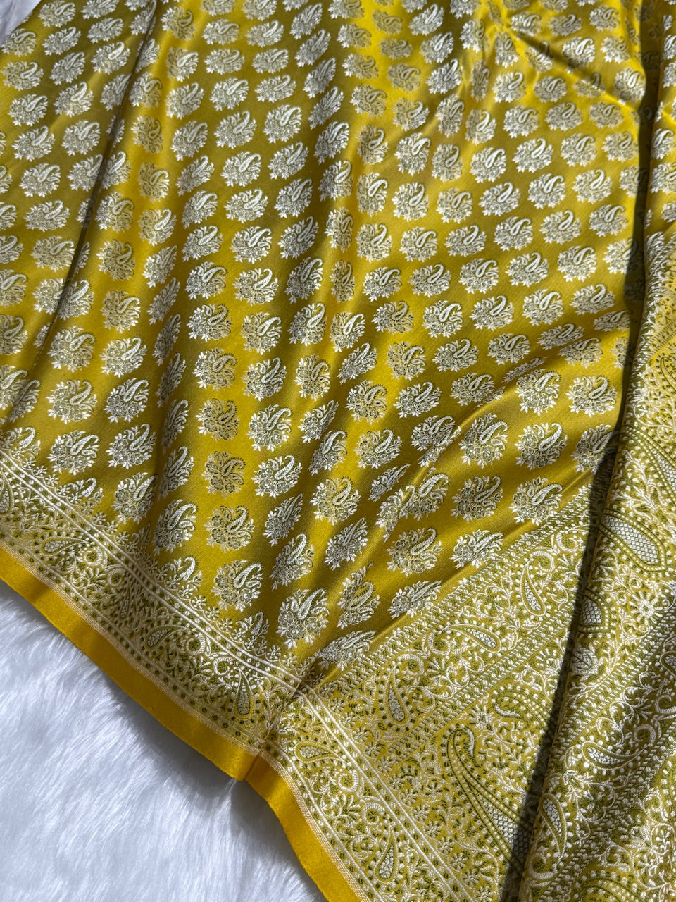 Neon Gold Jamawar Tanchoi Katan Silk Saree SKTM-13