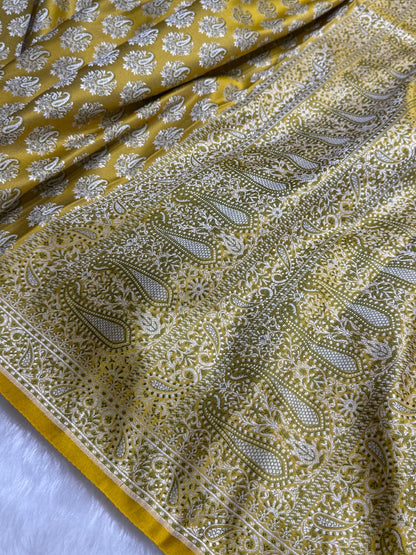 Neon Gold Jamawar Tanchoi Katan Silk Saree SKTM-13