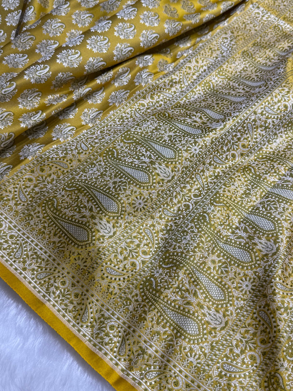 Neon Gold Jamawar Tanchoi Katan Silk Saree SKTM-13