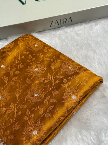 Banarasi Mustard Tanchoi Floral Booti Mashru Silk Saree