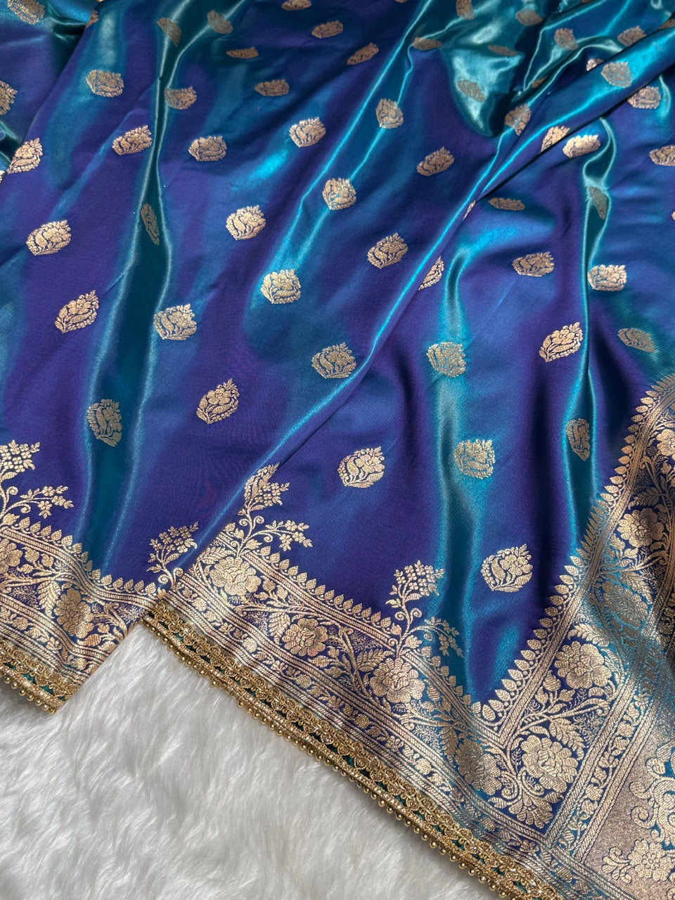 Satin Silk Booti in Teal Blue / Peacock With Gota Patti SSGP20