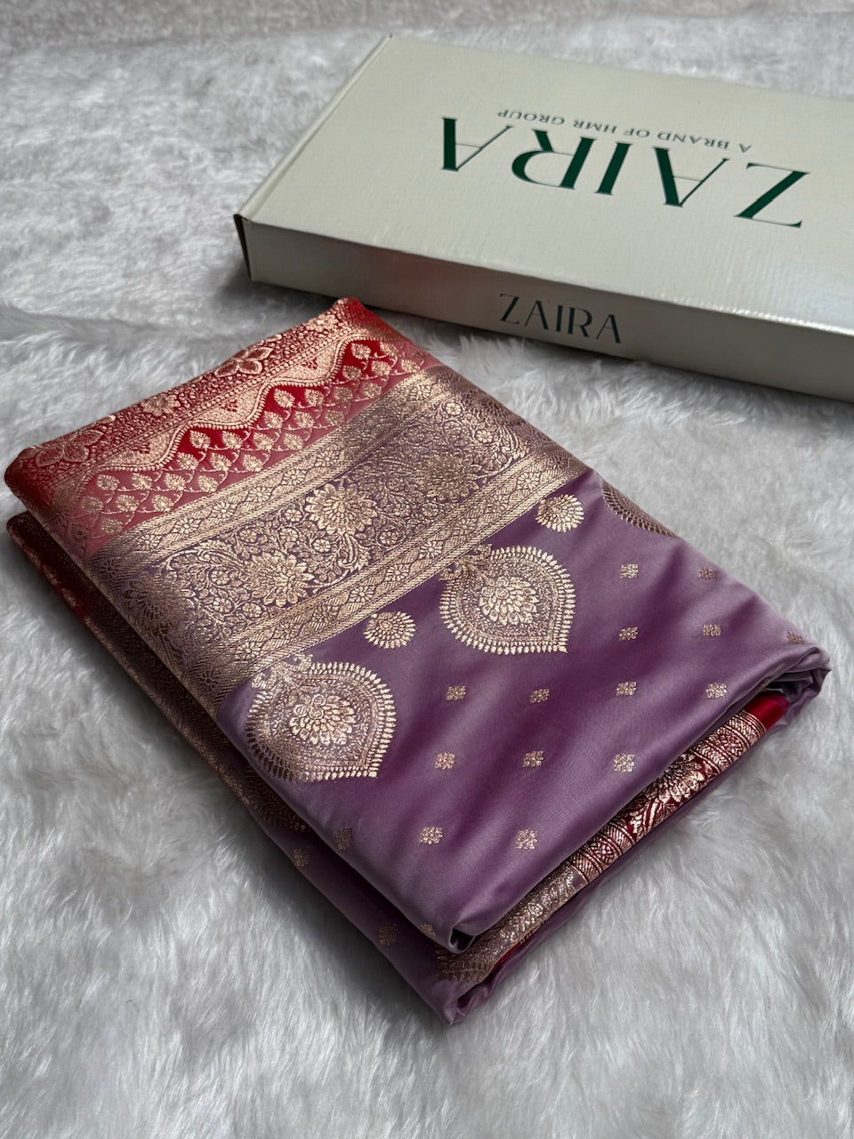 Lavender with Red Booti Satin Katan Silk saree SK29