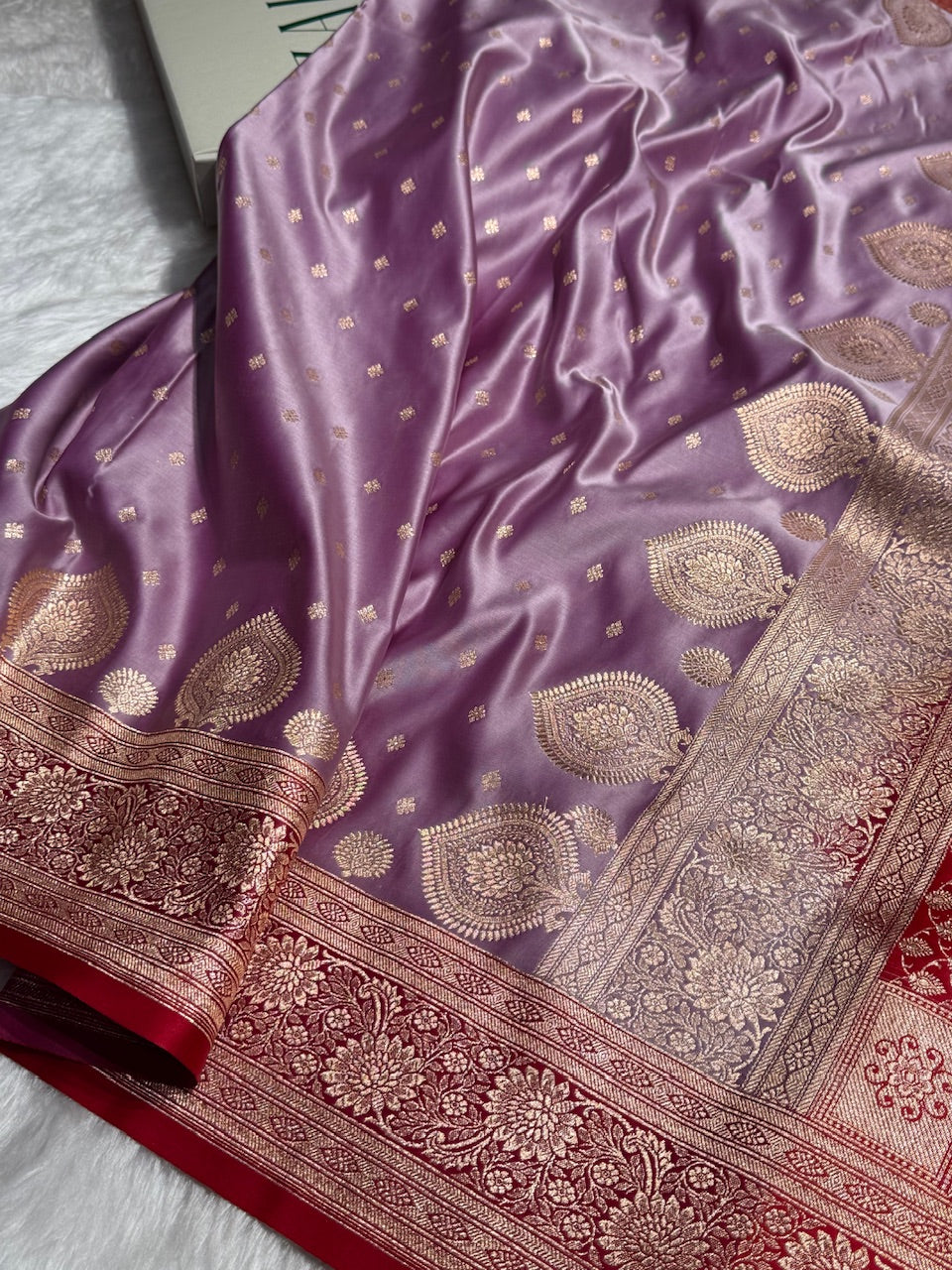 Lavender with Red Booti Satin Katan Silk saree SK29