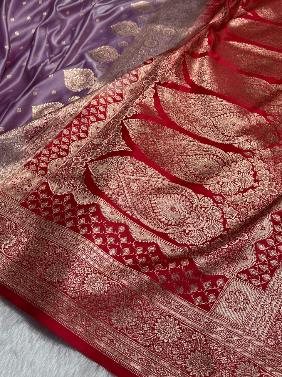 Lavender with Red Booti Satin Katan Silk saree SK29
