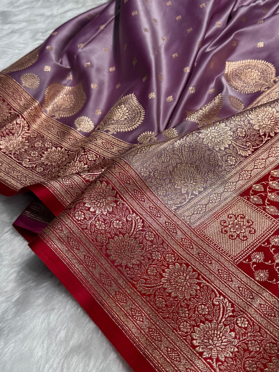 Lavender with Red Booti Satin Katan Silk saree SK29