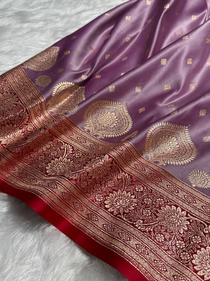 Lavender with Red Booti Satin Katan Silk saree SK29