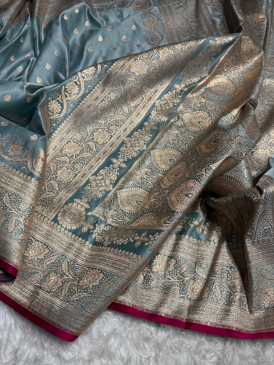 Dusty Turquoise Blue Booti Katan Silk