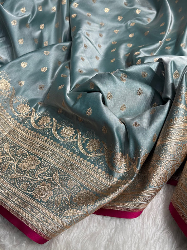 Dusty Turquoise Blue Booti Katan Silk Saree SK08