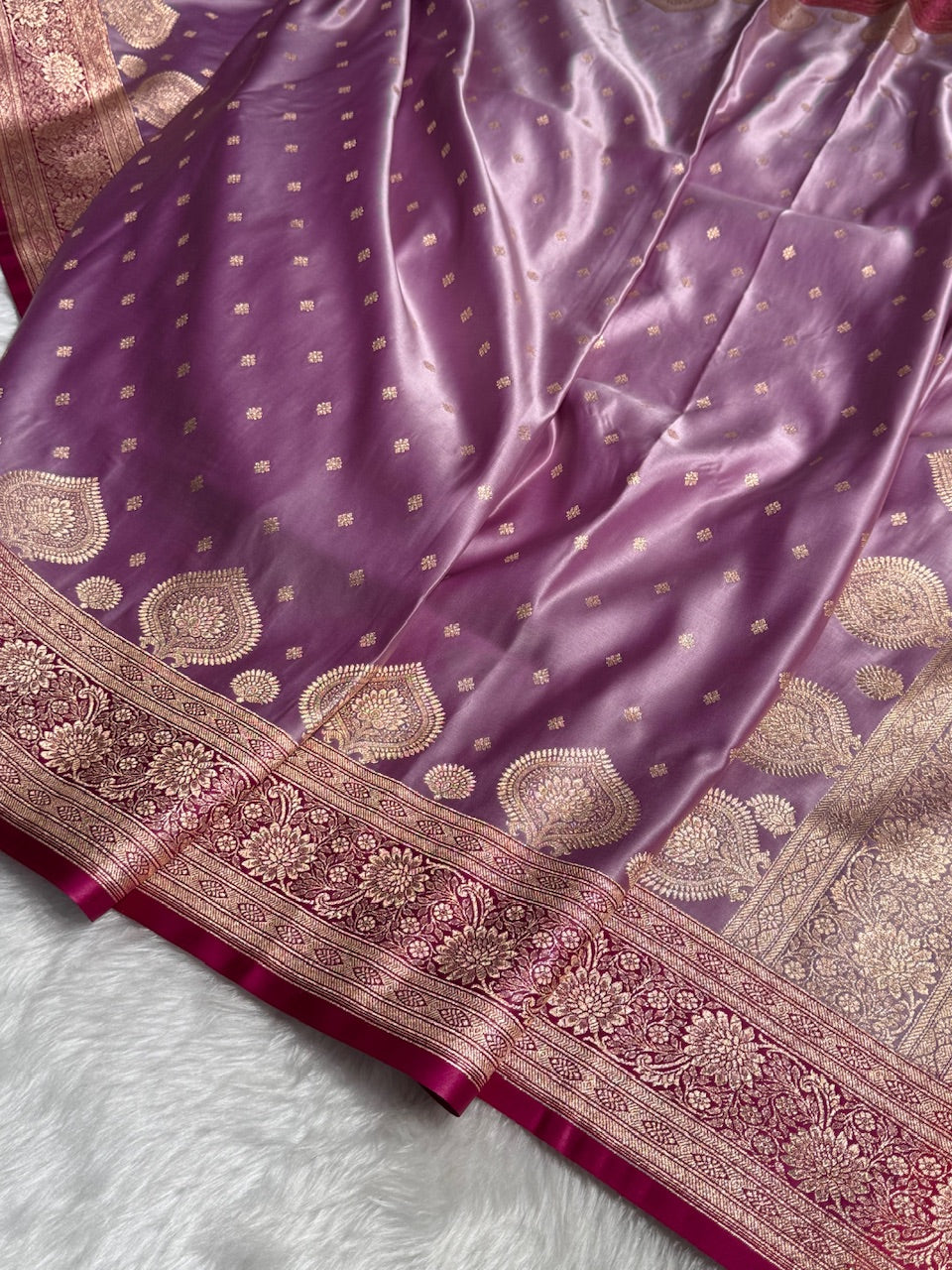 Lavender with Rani Booti Satin Katan Silk saree SK29